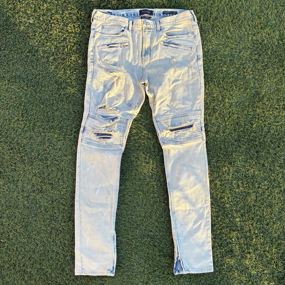 PacSun Men's 36x32 Stacked Skinny Moto Jeans Light Wash Distressed Biker Denim